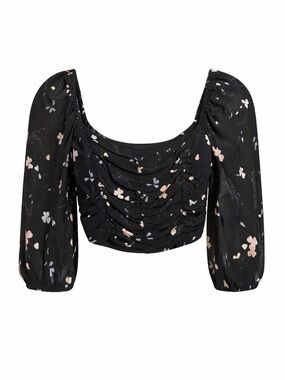Aritzia Wilfred Lolita Blouse XS EUC Black Floral Ruched Crop Top Puff Sleeve